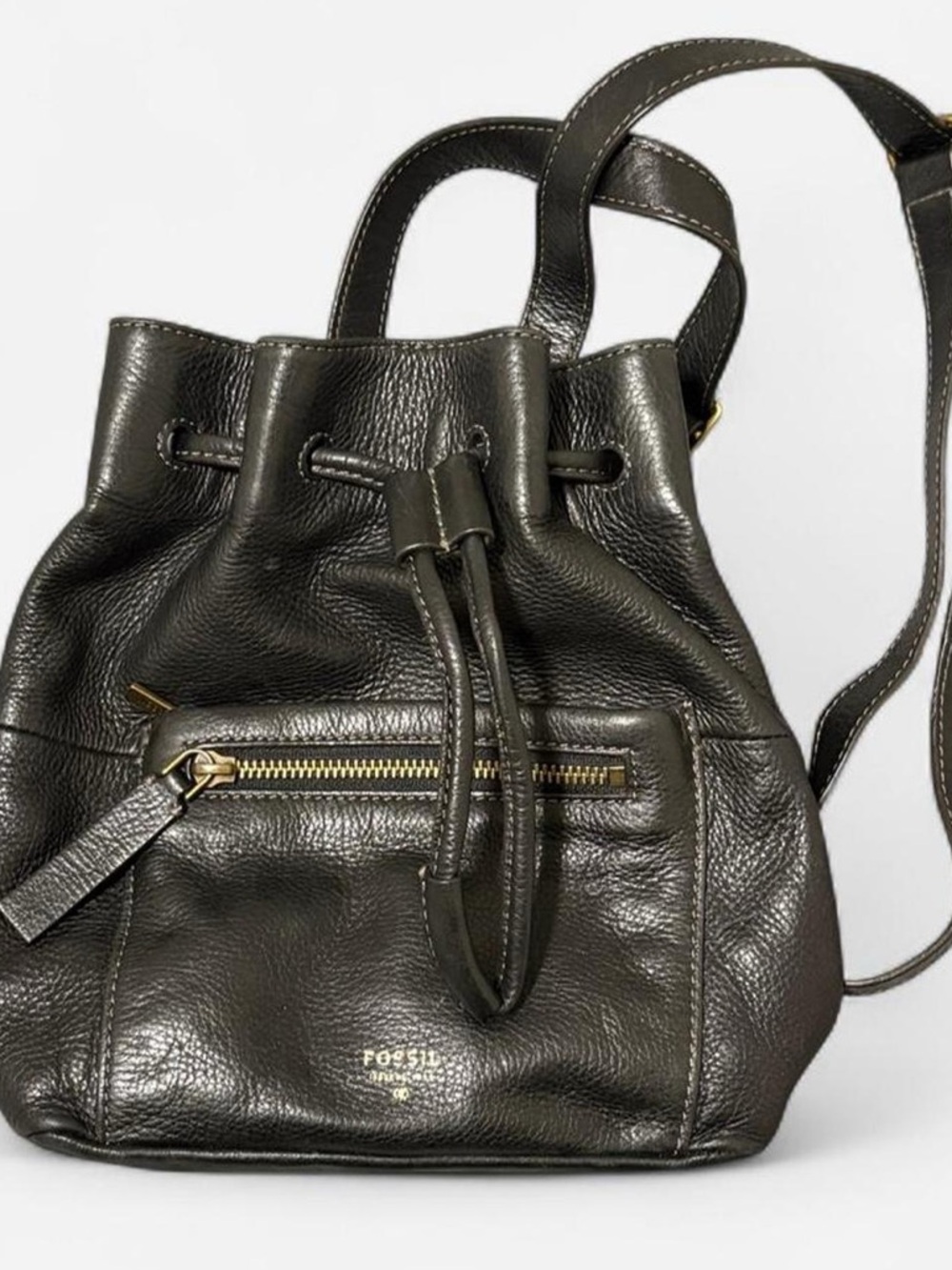 Fossil Vickery Black Pebbled Leather Drawstring Backpack